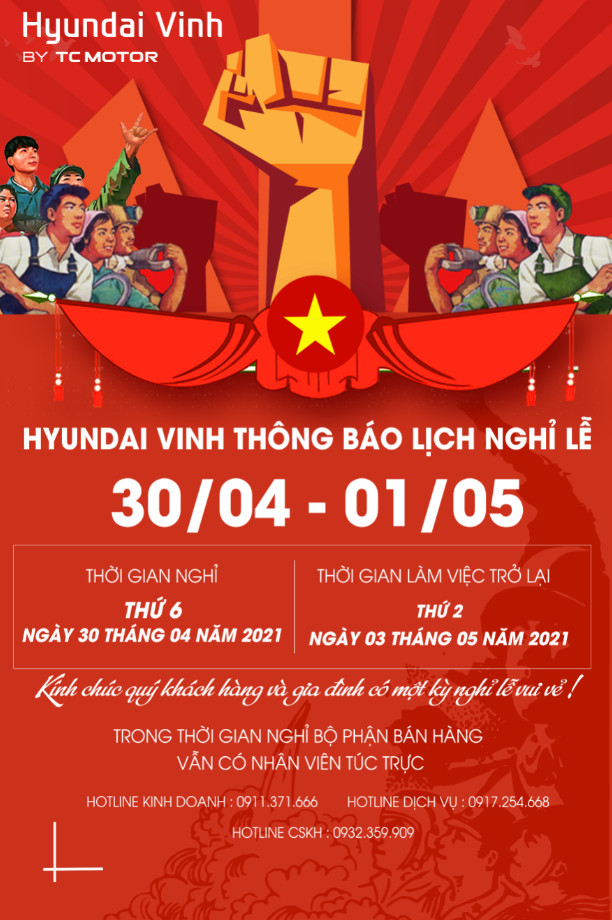 Hyundai Vinh xin thông báo lịch nghỉ lễ 30/04-01/05